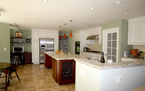 Kitchen and dining room stone floor tiling and granite countertops, installation and design.