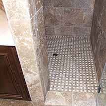 Shower stall, stone and ceramic tile for walls and floors