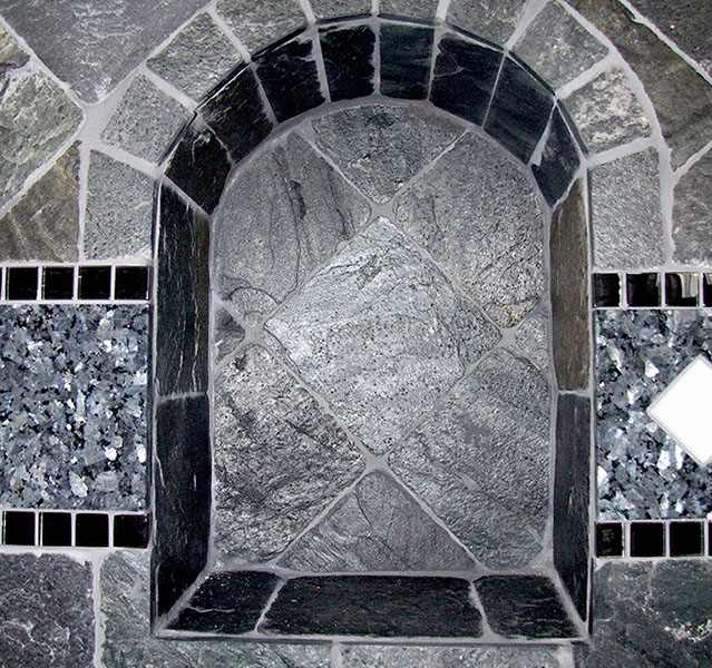 Bathroom stone tile design and installation, black granite